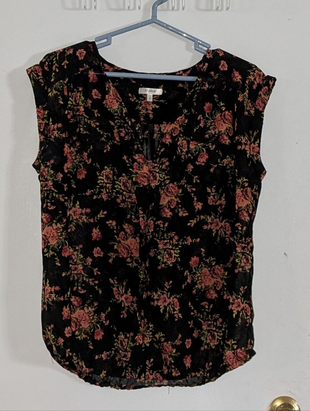 Marisol Black Floral Cap-Sleeve Blouse Lg